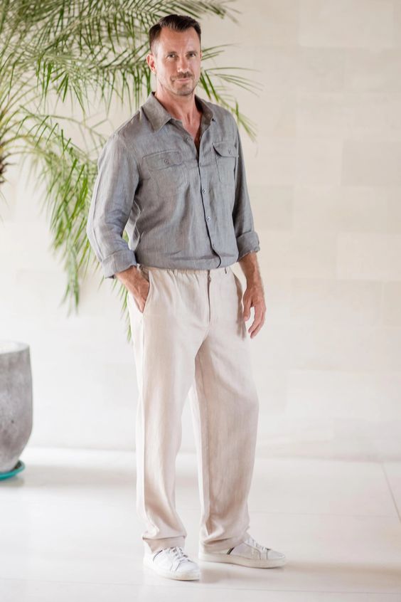 Grey Linen Shirt with Beige Linen Pants and White Sneakers 